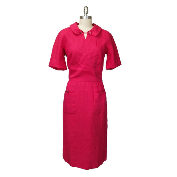 Vintage 60s Paul Parnes Pink Shirt Dress Size S M Peter Pan Collar Pockets Mod - Picture 2 of 13